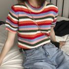 Short-sleeve Striped Knit Top Stripe - Red & Purple & Green - One Size
