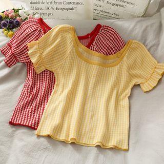 Ruffled-cuff Checker Crop Knit Top