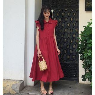 Frill Trim Sleeveless Collared A-line Midi Dress Red - One Size