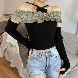 Set: Halter-neck Frill Trim Crop Top + Arm Sleeves