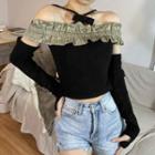 Set: Halter-neck Frill Trim Crop Top + Arm Sleeves