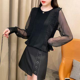 Set: Mesh Sleeve Ruffled Knit Top + Asymmetric Mini A-line Skirt