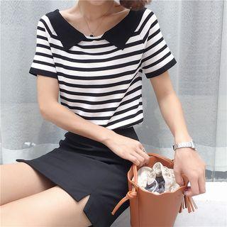 Striped Short Sleeve Collared Knit Top
