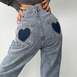 High-waist Heart-print Pocket Jeans