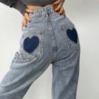 High-waist Heart-print Pocket Jeans