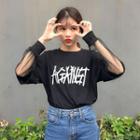 Letter Mesh Panel Mock Two-piece Long-sleeve T-shirt