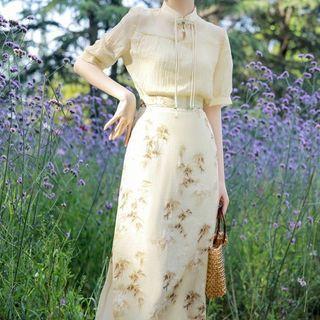 Set: Short-sleeve Cheongsam Top + Camisole Top + Floral Midi Skirt
