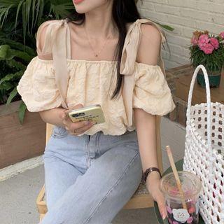 Short-sleeve Cold Shoulder Top Almond - One Size