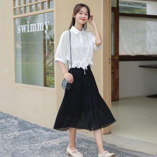 Elbow-sleeve Drawstring-cuff Shirt / Midi A-line Skirt / Set