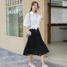 Elbow-sleeve Drawstring-cuff Shirt / Midi A-line Skirt / Set