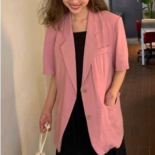 Plain Single Breasted Short-sleeve Blazer Pink - One Size