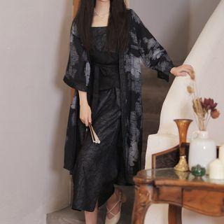 Tie Dye Long Light Jacket / Spaghetti Strap Midi Shift Dress / Wrap Belt / Set