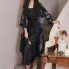 Tie Dye Long Light Jacket / Spaghetti Strap Midi Shift Dress / Wrap Belt / Set