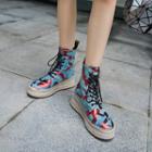 Genuine Leather Printed Wedge Heel Lace-up Short Boots