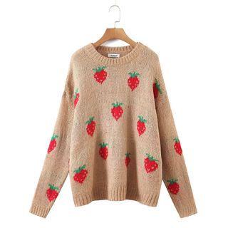 Long Sleeve Strawberry Print Loose-fit Sweater Camel - One Size