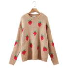 Long Sleeve Strawberry Print Loose-fit Sweater Camel - One Size
