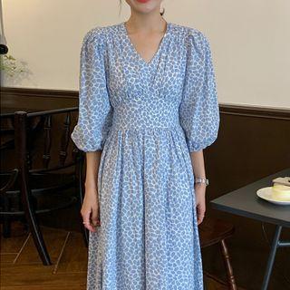 Open-back Elastic-waist Print Dress Light Blue - One Size