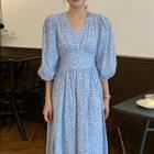 Open-back Elastic-waist Print Dress Light Blue - One Size