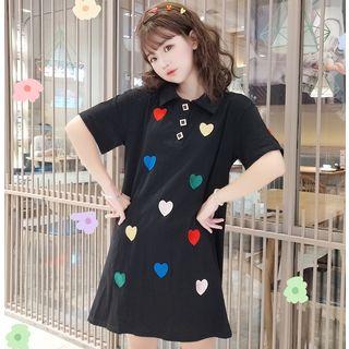Embroidered Heart Short-sleeve Polo Shirt Dress
