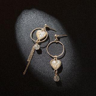 Non-matching Rhinestone Heart Earring As Shown In Figure - One Size