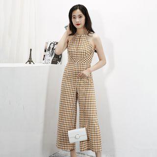 Plaid Halter Wide-leg Jumpsuit