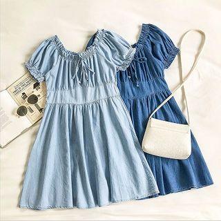 Lace-up Crewneck Denim Short-sleeve Dress