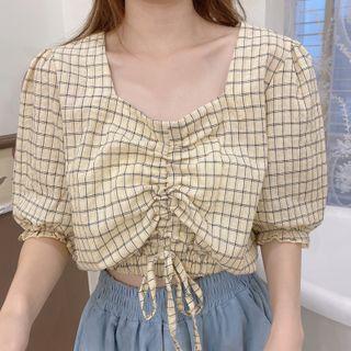 Drawstring Puff Short-sleeve Check Blouse
