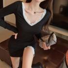 Lace Trim Long-sleeve Mini Sheath Dress Black - One Size