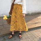 Plain Long-sleeve Shirt / High-waist Pattern Midi-skirt