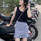 Plain Tank Top / Ruffle Hem Plaid Pencil Skirt