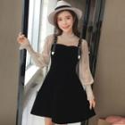 Set: Long-sleeve Mock-neck Top + Sleeveless A-line Dress
