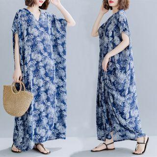 Short-sleeve Floral Print Maxi A-line Dress Blue & White - One Size