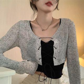 Long-sleeve Lace-up Cropped T-shirt / Camisole Top