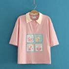 Pig Print Lapel Short Sleeve T-shirt As Shown In Figure - One Size