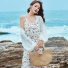Set: Floral Print Spaghetti-strap A-line Dress + Light Jacket