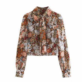 Bow-neck Floral Crop Shirt