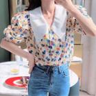 Puff-sleeve Contrast Collar Floral Print Shirt