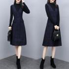 Long-sleeve Mock-neck Knit Top / Sleeveless Striped Midi A-line Dress