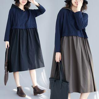 Mock Two-piece Long-sleeve Hooded Midi Dress