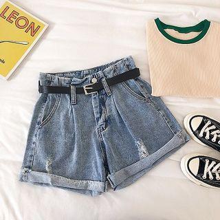 Distressed Roll-up High-waist Denim Shorts With Belt