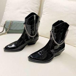 Block Heel Pointed Chained Short Cowboy Boots