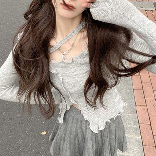 Long-sleeve Cutout Knit Crop Top / Mini A-line Skirt