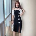 Short-sleeve Cold Shoulder Butterfly Applique Sheath Dress