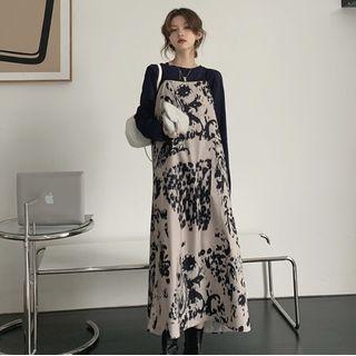 Long-sleeve T-shirt / Floral Print Overall Dress
