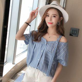 Pinstriped Off Shoulder Elbow Sleeve Shirt