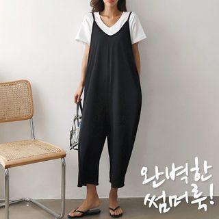 Spaghetti-strap Baggy Jumpsuit Black - One Size
