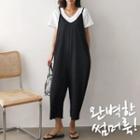 Spaghetti-strap Baggy Jumpsuit Black - One Size