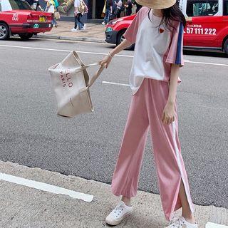 Short-sleeve Raglan T-shirt / Slit Wide Leg Pants