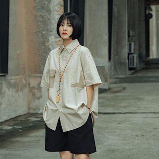 Color Panel Stand-collar Short-sleeve Shirt