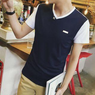 Color Block V-neck Short-sleeve T-shirt
